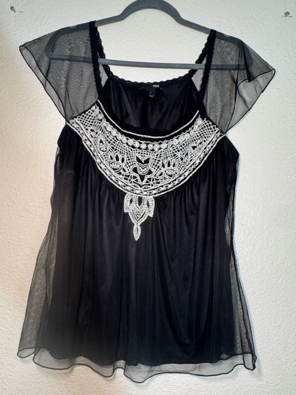 H&M Black mesh overlay Camisole with White Embroidered Yoke